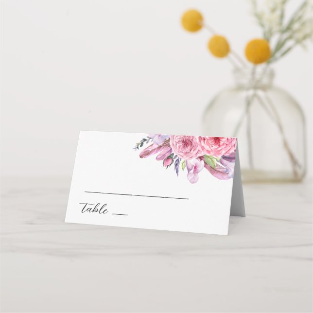 Carte De Placement Aquarelle rose boho plumes florales mariage (Devant)