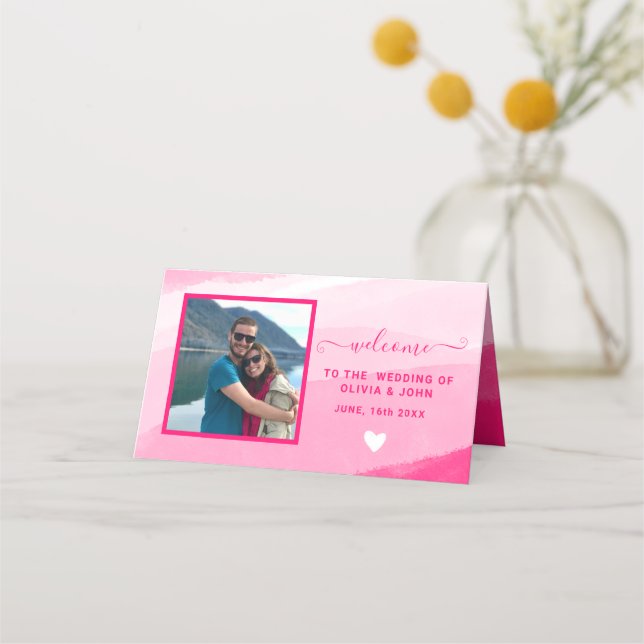 Carte De Placement Aquarelle rose moderne photo mariage plié (Devant)