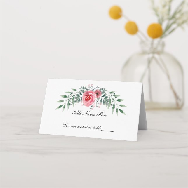 Carte De Placement Aquarelle Rose Rose Vert Feuillage (Devant)