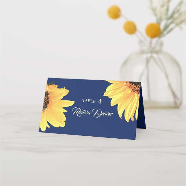 Carte De Placement Aquarelle Sunflowers bleu foncé Mariage (Devant)
