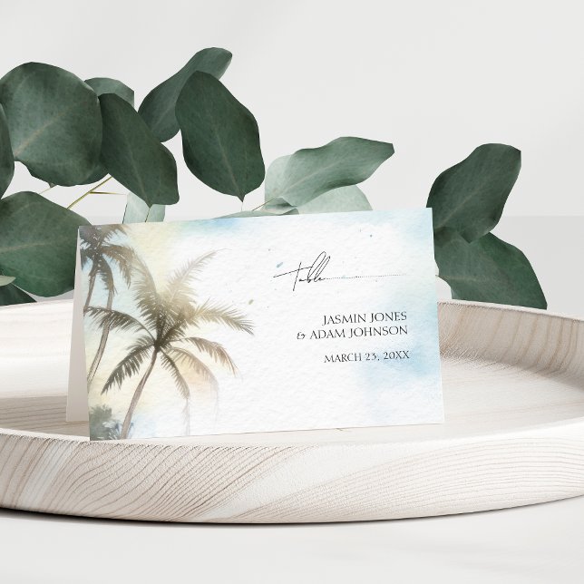 Carte De Placement Aquarelle Tropical Beach Palm Trees Mariage (Watercolor Tropical Beach Palm Trees Wedding Place Card)