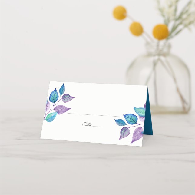 Carte De Placement Aquarelle Turquoise violet Mariage de feuillage (Devant)