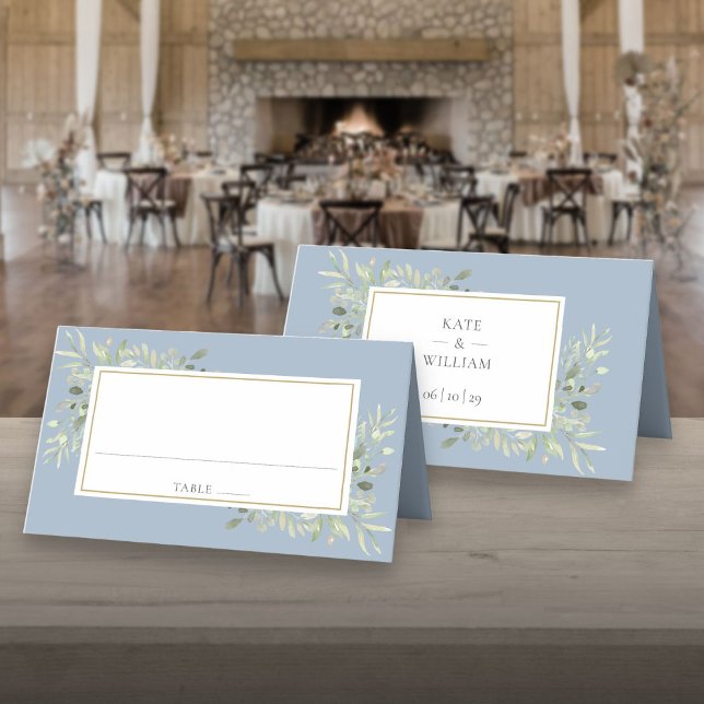 Carte De Placement Aquarelle Verdure Dusty Blue Mariage (Watercolor Greenery Dusty Blue Wedding Place Card)
