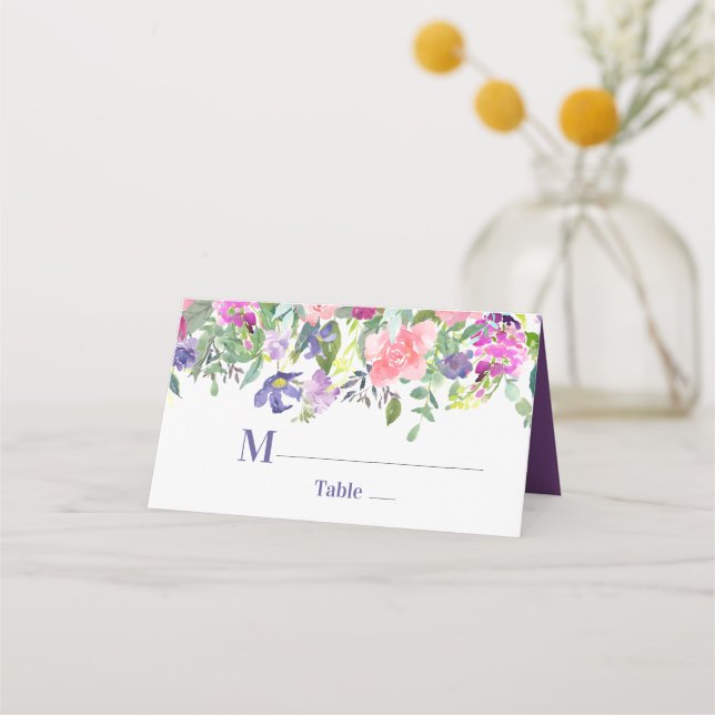 Carte De Placement Aquarelle violette et rose Mariage floral (Devant)