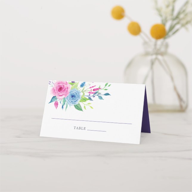 Carte De Placement Aquarelle violette Mariage floral Numéro de table (Devant)