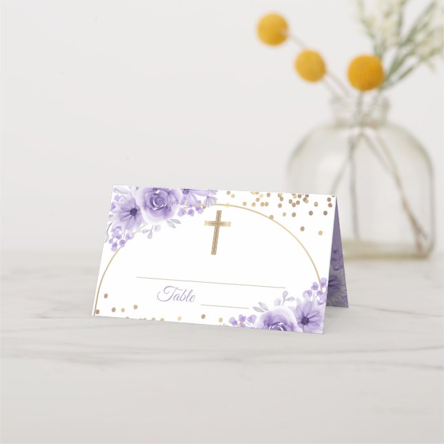 Carte De Placement Arc Or Purple Floral Première Communion Sainte (Devant)