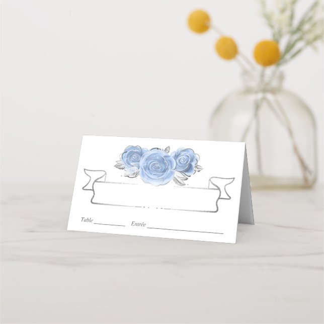 Carte De Placement Argent et lumière Bleu bébé Roses élégant (Devant)