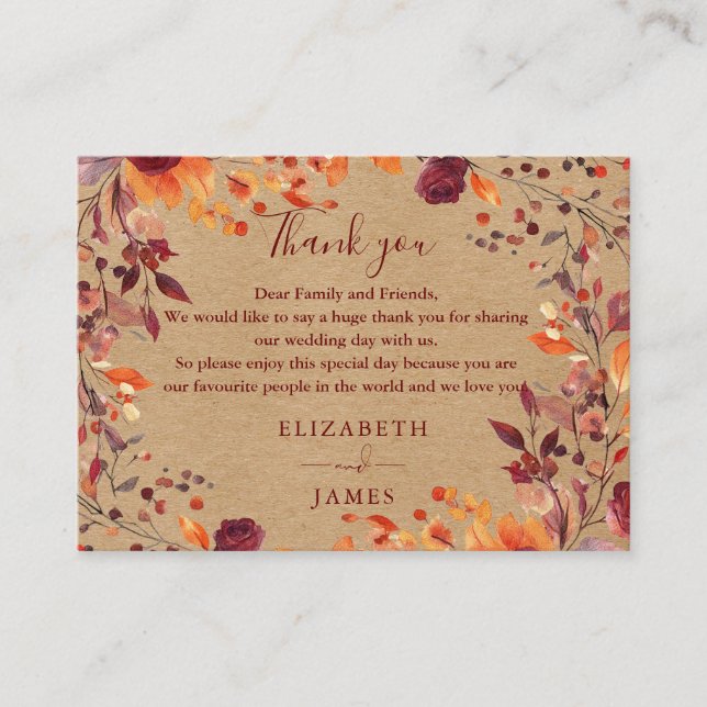 Carte De Placement Automne Rustique automne Mariage Floral Merci (Devant)