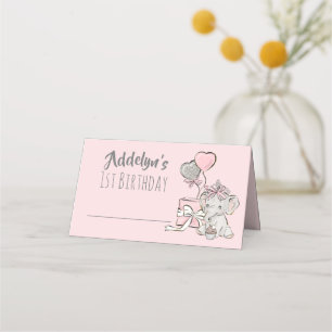 Carte De Placement Baby Girl Princess Elephant rose Grey 1er annivers