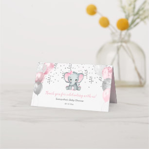 Carte De Placement Baby shower Ballons roses Eléphant fille mignonne