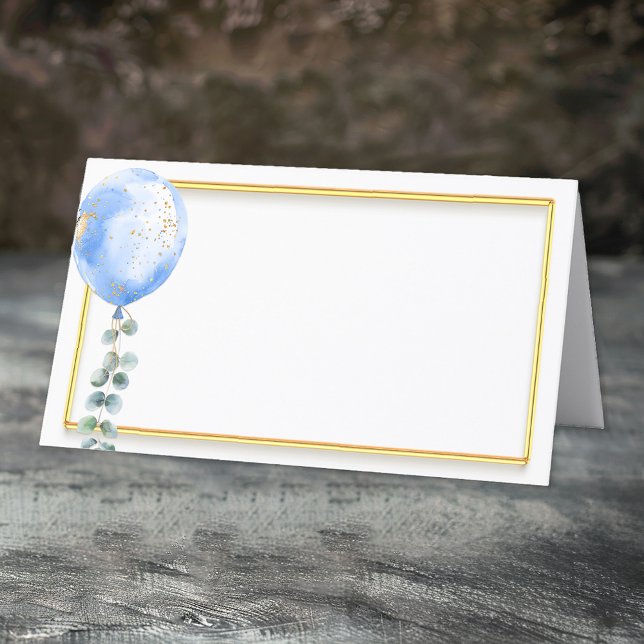 Carte De Placement Baby shower Bleu Carte Place | Cadre Or (Gold frame balloon place card)