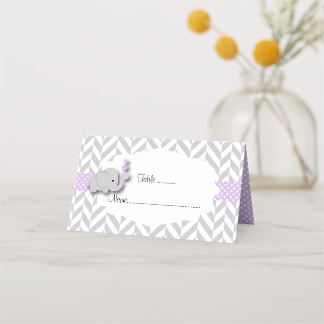 Carte De Placement Baby shower d'éléphant violet et gris (Devant)