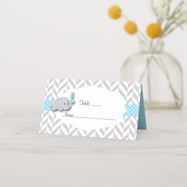 Carte De Placement Baby shower éléphant bleu et gris | À double face (Devant)