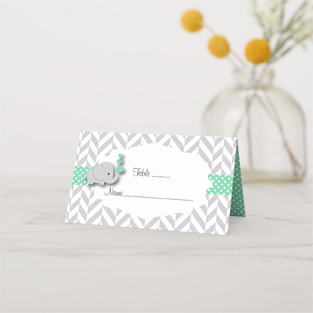 Carte De Placement Baby shower éléphant vert et gris (Devant)