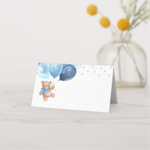Carte De Placement Baby shower plié Bleu Ours Bleu Argent