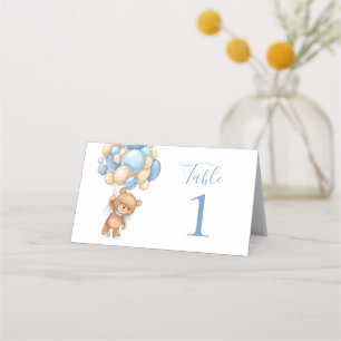 Carte De Placement Baby shower Teddy Bear Balloon Blue Place Card