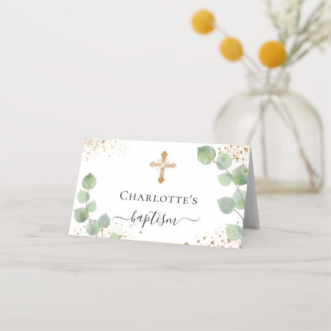 Carte De Placement Baptême eucalyptus or parties scintillant poussièr (Dos)