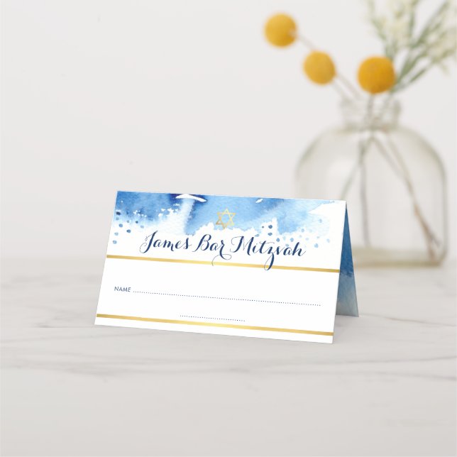 Carte De Placement BAR MITZVAH moderne bleu aquarelle or feuille étoi (Devant)