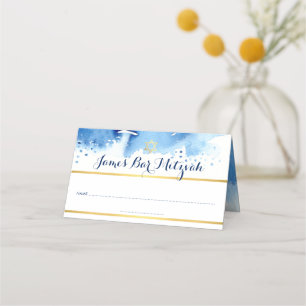 Carte De Placement BAR MITZVAH moderne bleu aquarelle or feuille étoi