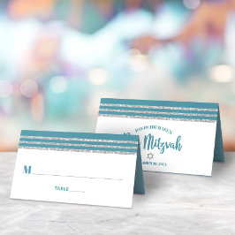 Carte De Placement Bar Mitzvah Turquoise Talit Argent Écriture Modern