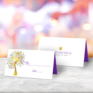 Carte De Placement Bat Mitzvah Moderne Arbre de Vie Violet Feuille d'