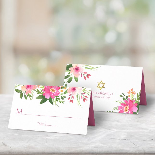 Carte De Placement Bat mitzvah moderne rose floral Aquarelle  élégant (Créateur téléchargé)