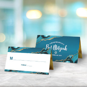 Carte De Placement Bat Mitzvah Turquoise Bleu Ombré Agate Doré Modern