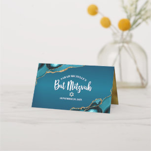 Carte De Placement Bat Mitzvah Turquoise Bleu Ombré Agate Doré Modern