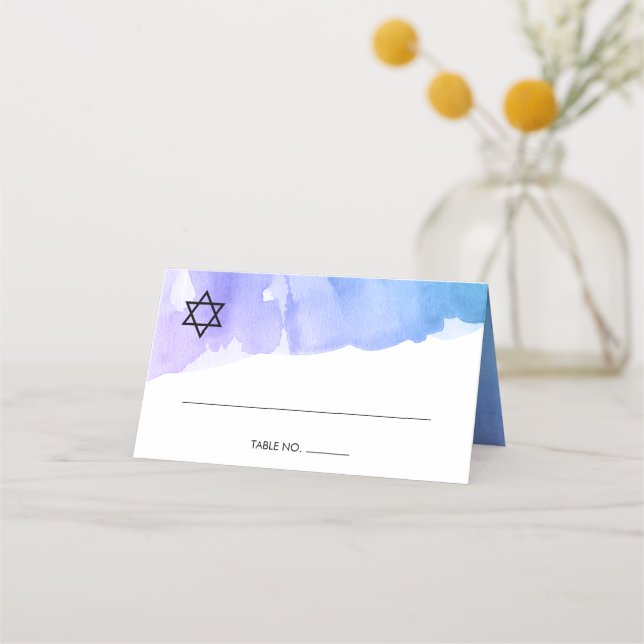 Carte De Placement Bat mitzvah Turquoise d'aquarelle violet plié (Devant)
