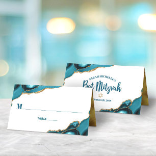 Carte De Placement Bat Mitzvah Turquoise Or Agate Simple Moderne