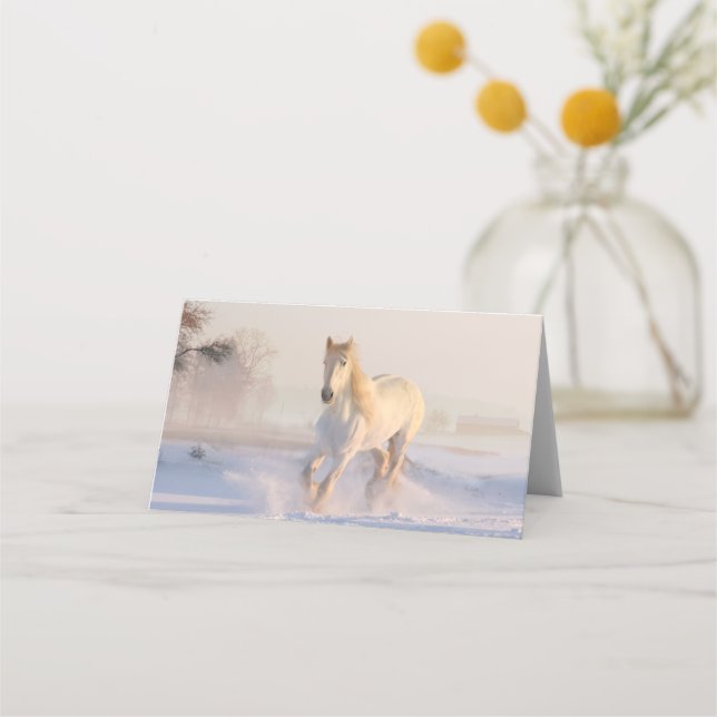 Carte De Placement Beau Cheval Blanc Galloping dans la neige (Devant)