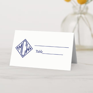 Carte De Placement Blanc Bleu Marine Diamant Monogramme Police DIY BG