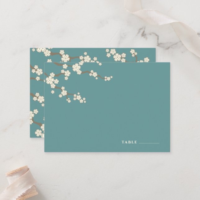 Carte De Placement Blanc Fleurs Sakura Fleurs cerisiers Fleurs Mariag (Devant/Arrière en situation)