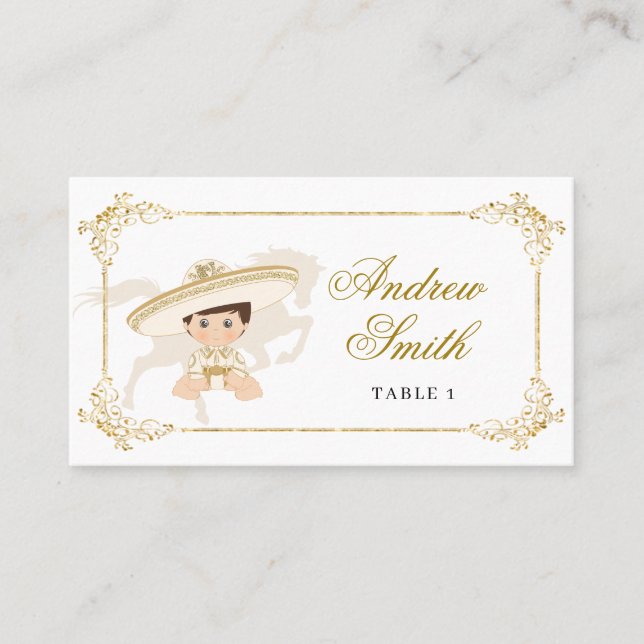 Carte De Placement Blanc Gold Mexicain Boy Baptême 1er anniversaire (Devant)