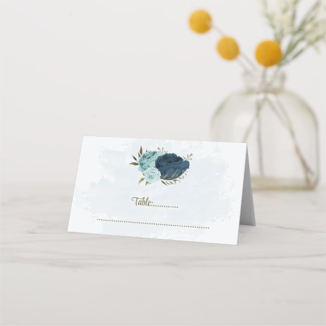 Carte De Placement bleu clair bleu marine bleu fleurs mariage botaniq (Devant)