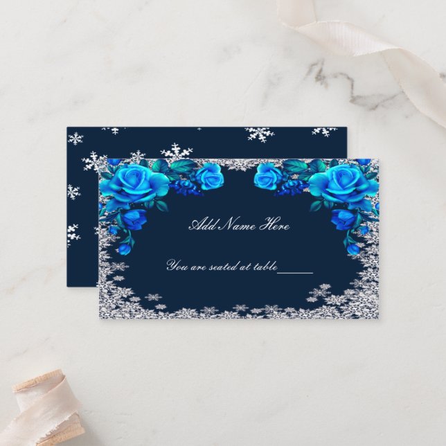 Carte De Placement Bleu clair Roses Flocon de neige Noël (Devant/Arrière en situation)