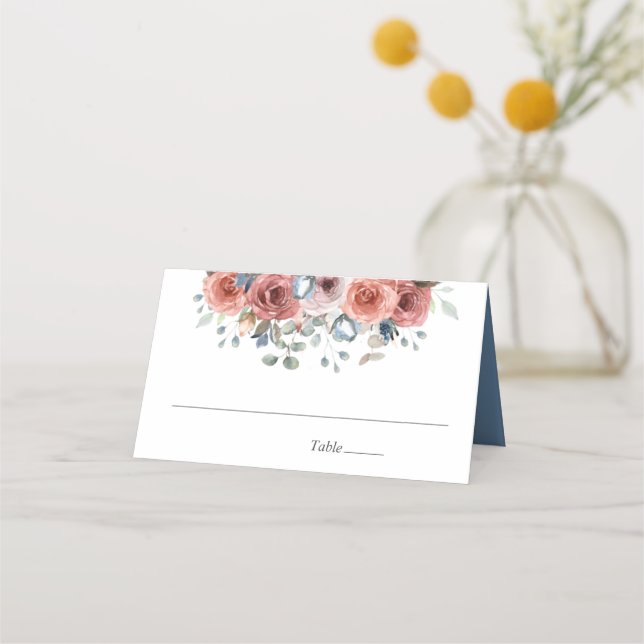 Carte De Placement Bleu Dusty et Blissant Floral, Mariage (Devant)