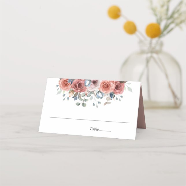 Carte De Placement Bleu et Dusty Blissant Floral, Mariage (Devant)