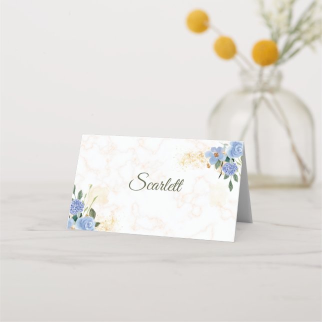 Carte De Placement Bleu Floral Marbre Or Plaqué Carte Place (Devant)