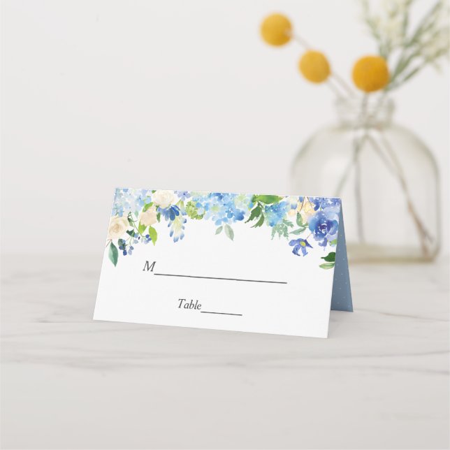 Carte De Placement Bleu Hydrangea Aquarelle Floral Mariage Table (Devant)