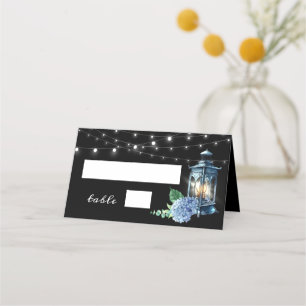 Carte De Placement Bleu Hydrangea Lanterne Boho Noir Table Mariage
