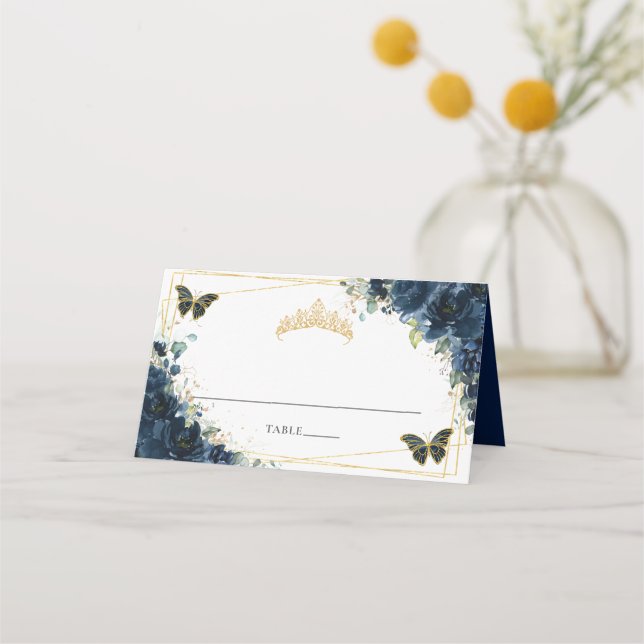 Carte De Placement Bleu marine floral or Quinceañera 16e anniversaire (Devant)