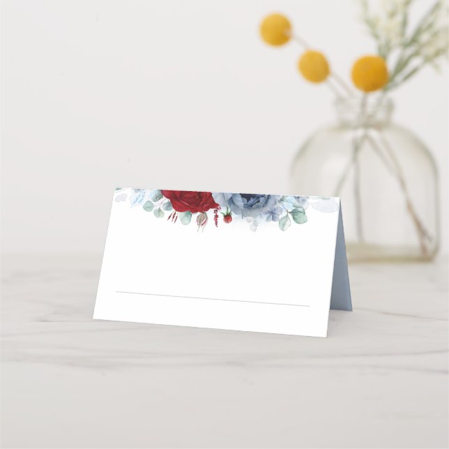 Carte De Placement Bleu rouge Fleurs de bois Elégant Mariage Boho (Devant)