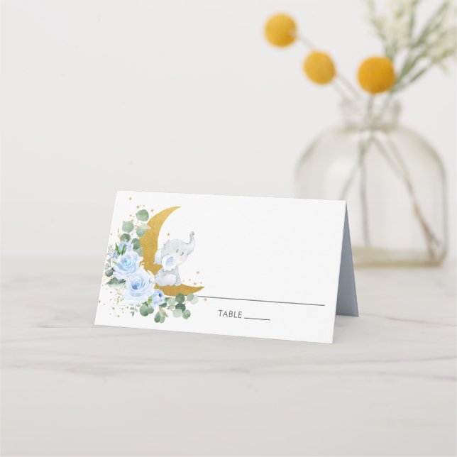 Carte De Placement Blue Floral Elephant Crescent Moon Nom de l'invité (Devant)