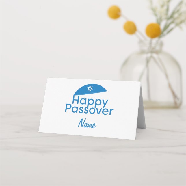 Carte De Placement Blue Happy Passover Salutation avec Kippah (Devant)