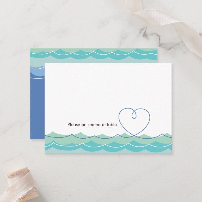 Carte De Placement Blue Ocean Waves Loopy Heart Simple Beach Wedding (Devant/Arrière en situation)