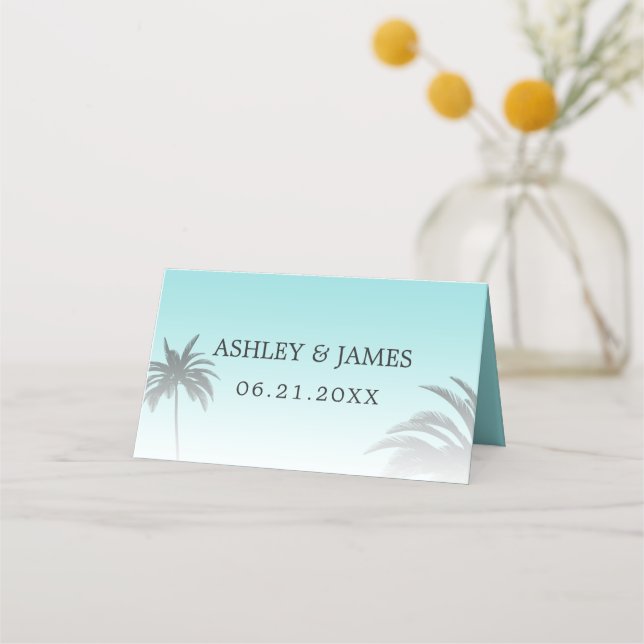 Carte De Placement Blue Tropical Palm Tree Beach Wedding (Devant)