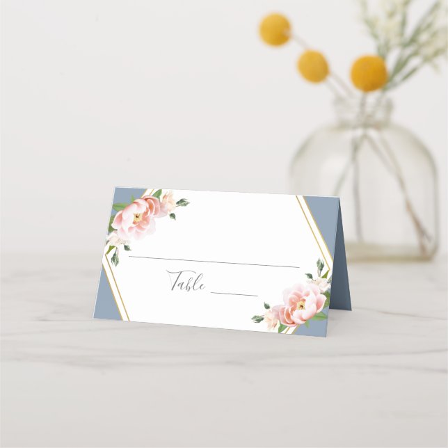Carte De Placement Blush Floral Or géométrique Dusty Mariage bleu (Devant)