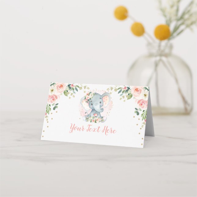 Carte De Placement Blush Gold Floral Elephant Baby Girl Birthday (Devant)