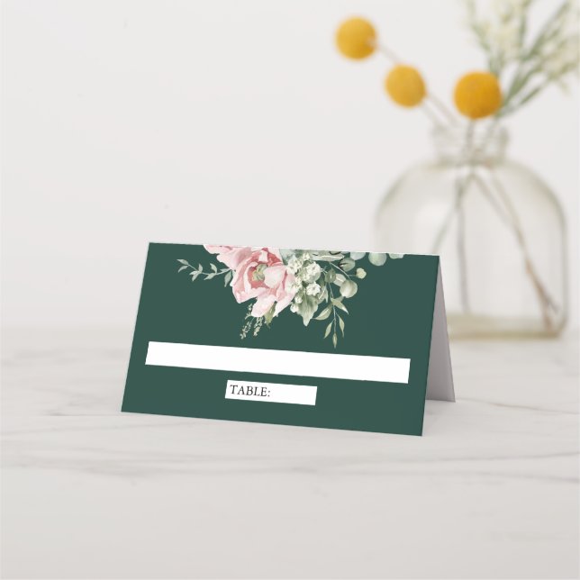 Carte De Placement Blush Pink Floral Eucalyptus Emerald Green Wedding (Devant)